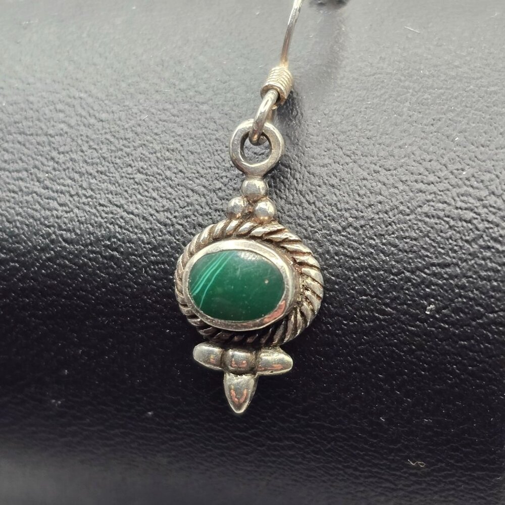 VTG Sterling Silver Southwestern Malachite Dangle Earrings 1" Marked 925 - Picture 3 of 8
